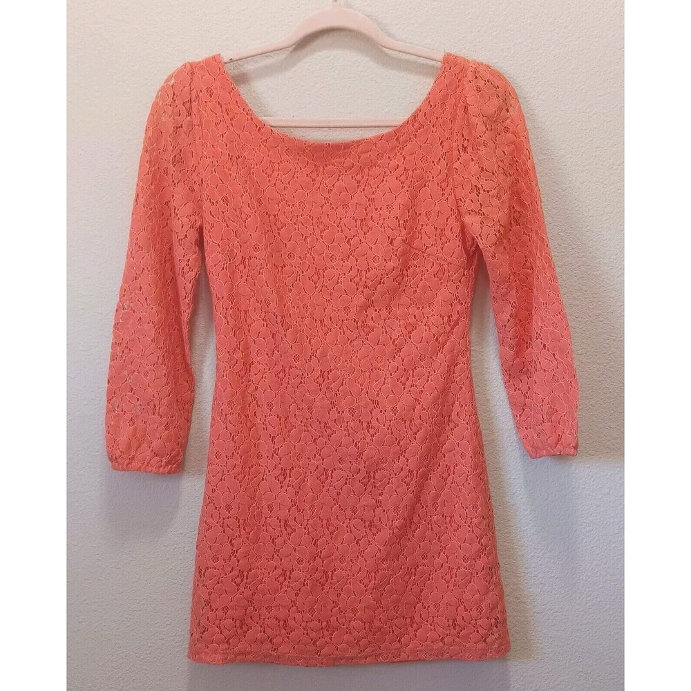 Charming Charlie Mini Lace Dress Small 3/4 Sleeve Full Zip Orange